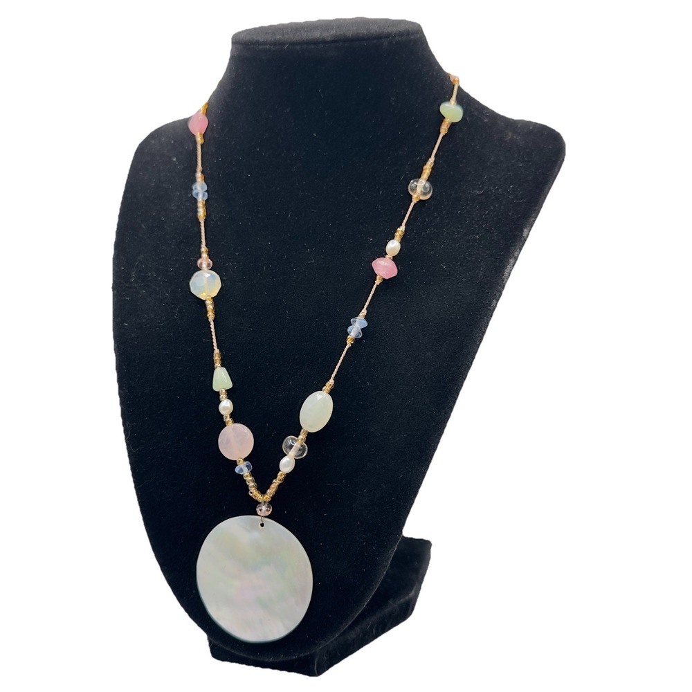 Vintage Y2K Mother of Pearl Shell Pendant Necklace Statement Pastel Gemstones